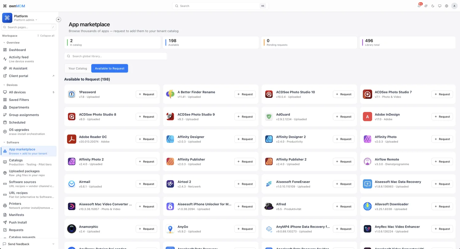 ownMDM App marketplace — browse and request from thousands of macOS apps into your tenant catalog